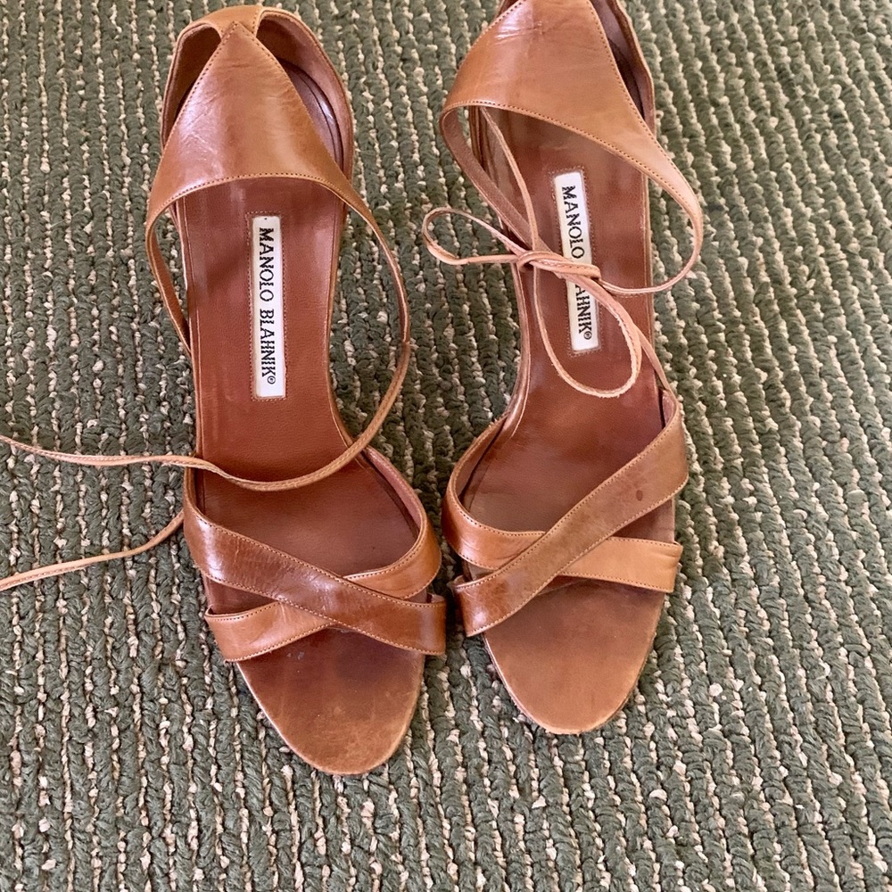 Manolo Blahnik Tan Leather Strappy, Heel Sandals